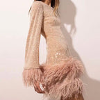 Sequin Mini Dress Feather Hem Open Back
