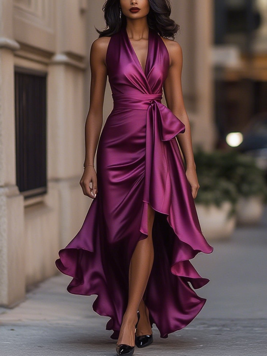Satin Halter Gown with Ruffle Skirt