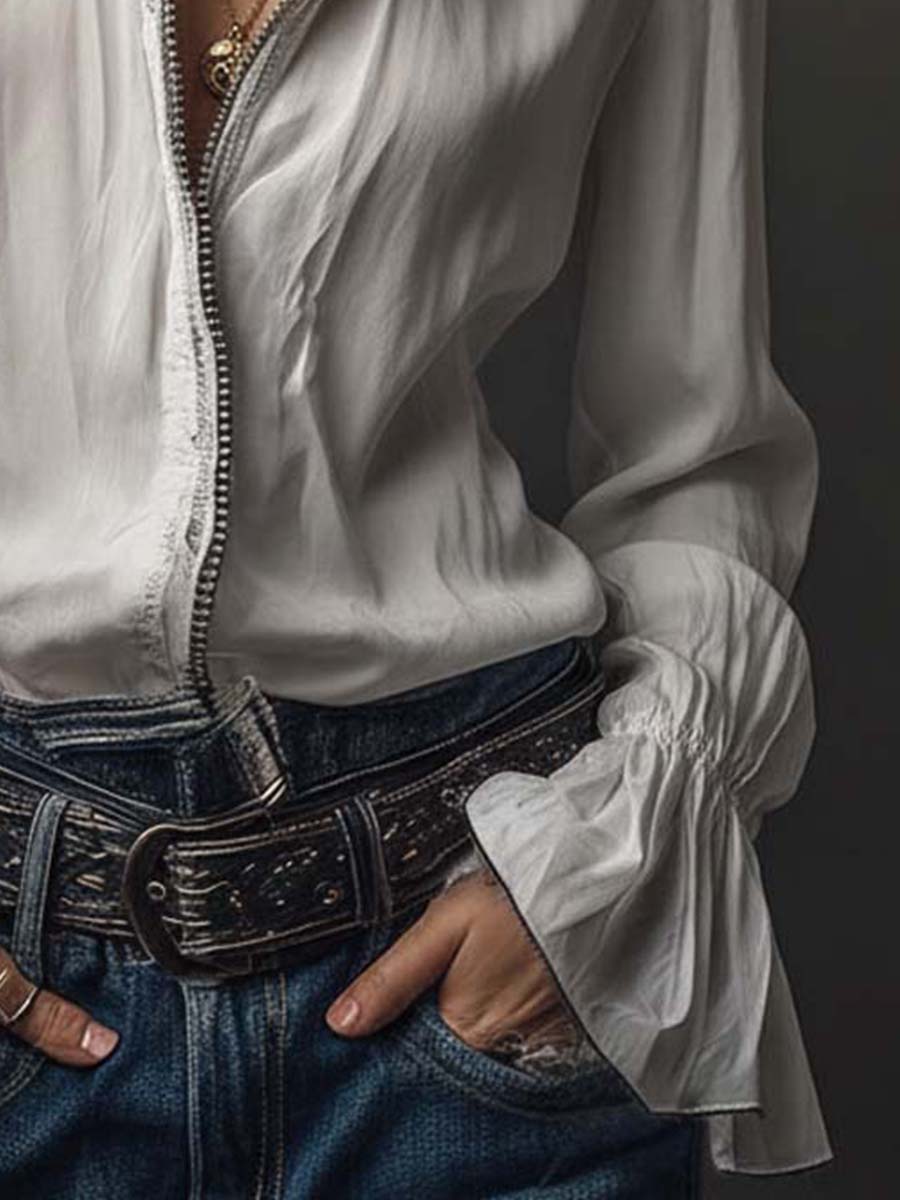 Zip-Front Blouse with Flounce Cuffs