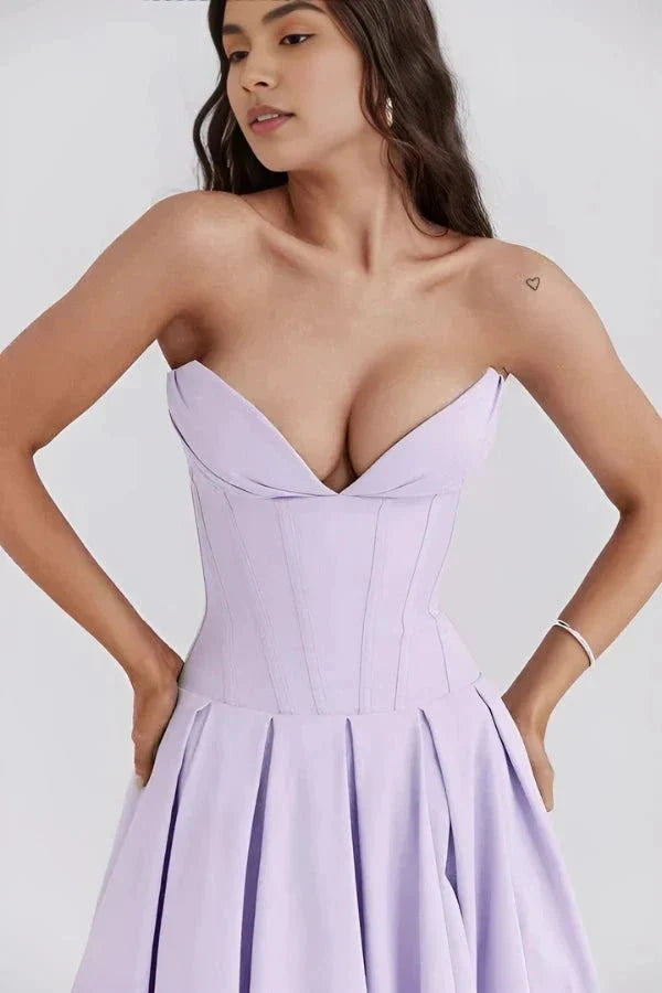Strapless Boned Corset Midi Dress Voluminous Skirt