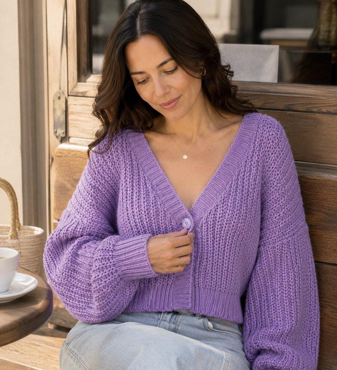 Cropped chunky knit cardigan sweater in purple