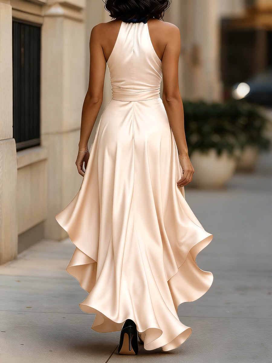 Satin Halter Gown with Ruffle Skirt