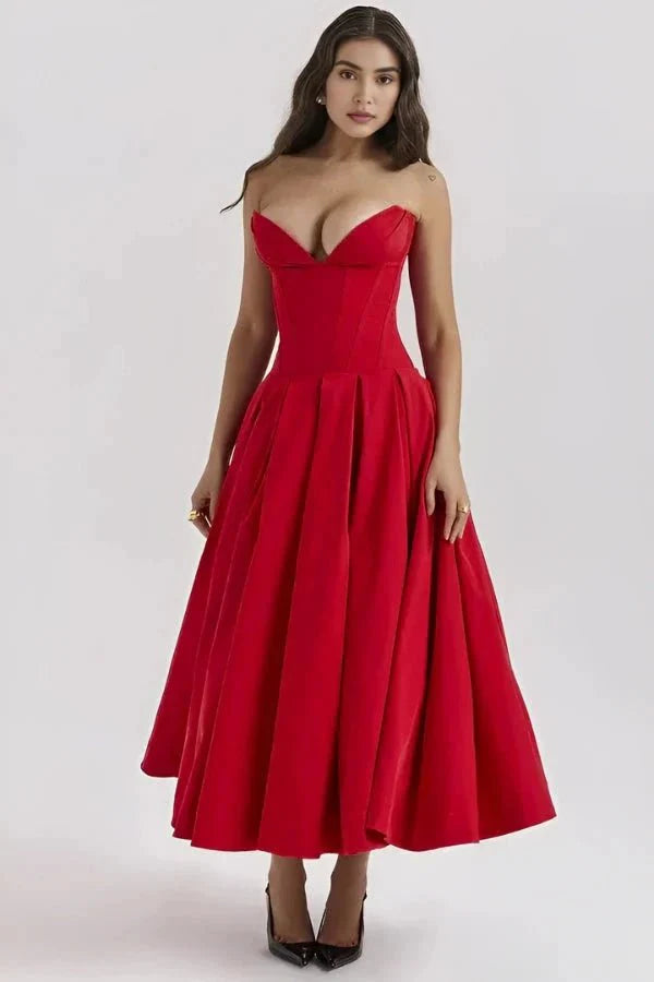 Strapless Boned Corset Midi Dress Voluminous Skirt