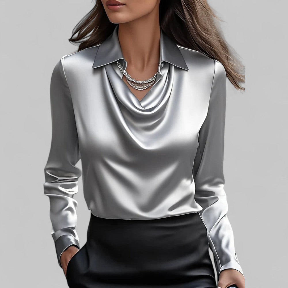 Long Sleeve Draped Satin Blouse