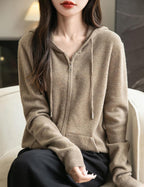 Women's warm merino wool zip up hooded cardigan with pockets