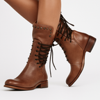 Studded lace-up mid-calf leather boots with block heel in brown