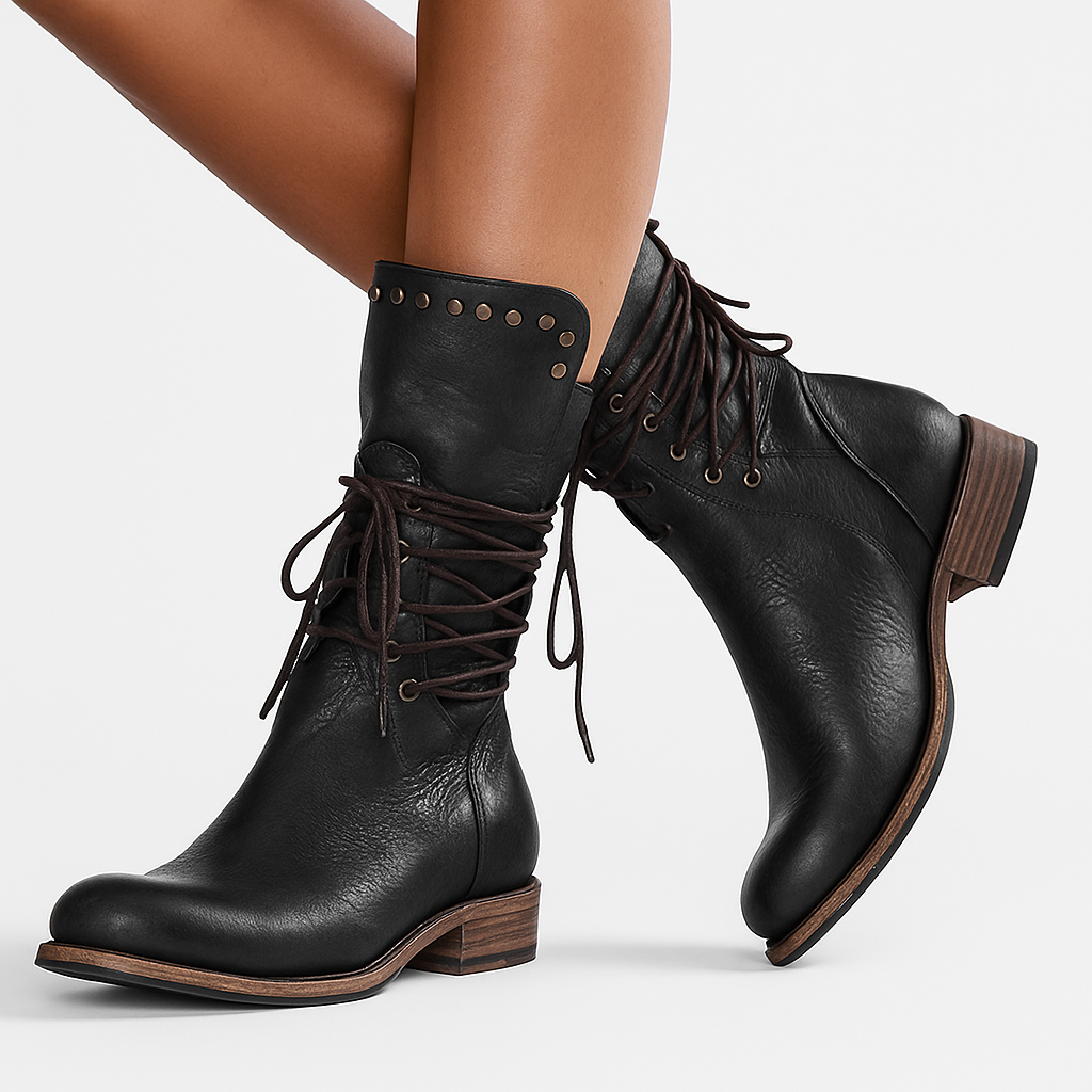 Studded lace-up mid-calf leather boots with block heel in black