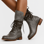 Studded lace-up mid-calf leather boots with block heel in grey