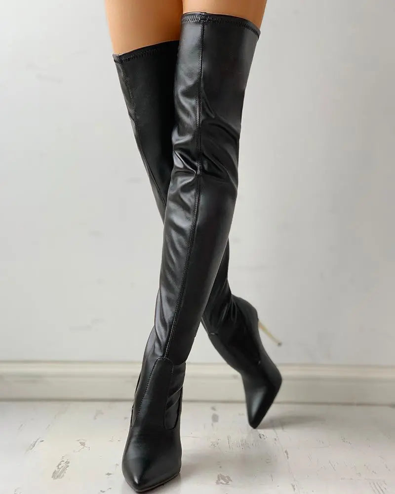Over the Knee Boots Women Black Faux Leather