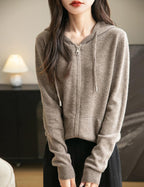 Women's warm merino wool zip up hooded cardigan with pockets