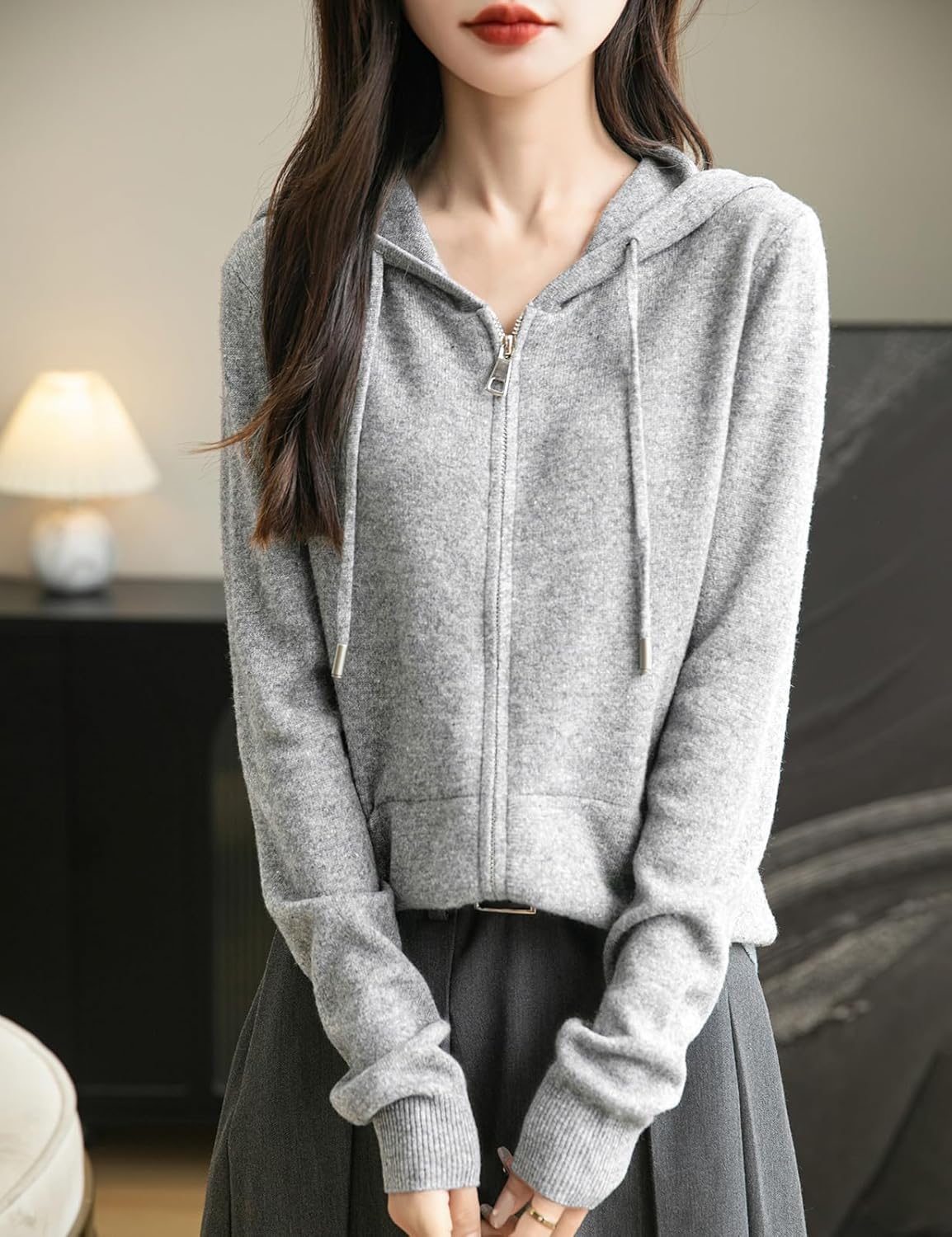 Women's warm merino wool zip up hooded cardigan with pockets