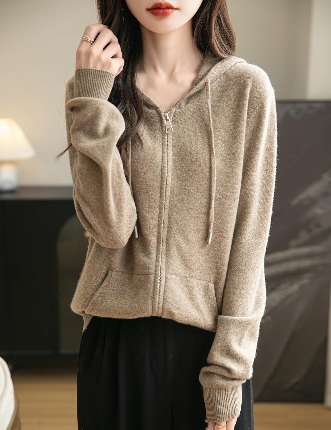 Women's warm merino wool zip up hooded cardigan with pockets