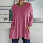Casual oversized long sleeve tunic top with pockets in rose red