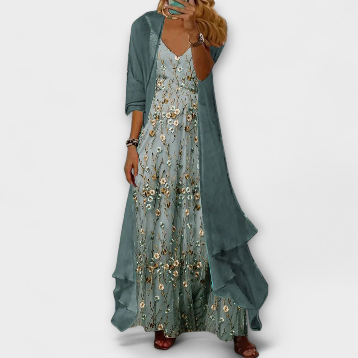 Women's Two-Piece Set Printed Maxi Dress with Jacket