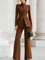 Women's formal tailored blazer and pants suit set in brown