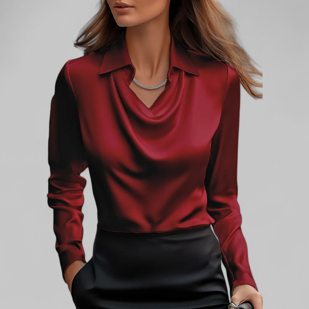 Long Sleeve Draped Satin Blouse