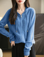 Women's warm merino wool zip up hooded cardigan with pockets