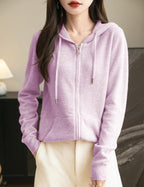 Women's warm merino wool zip up hooded cardigan with pockets