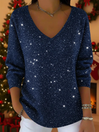 Festive casual V neck top in navy blue