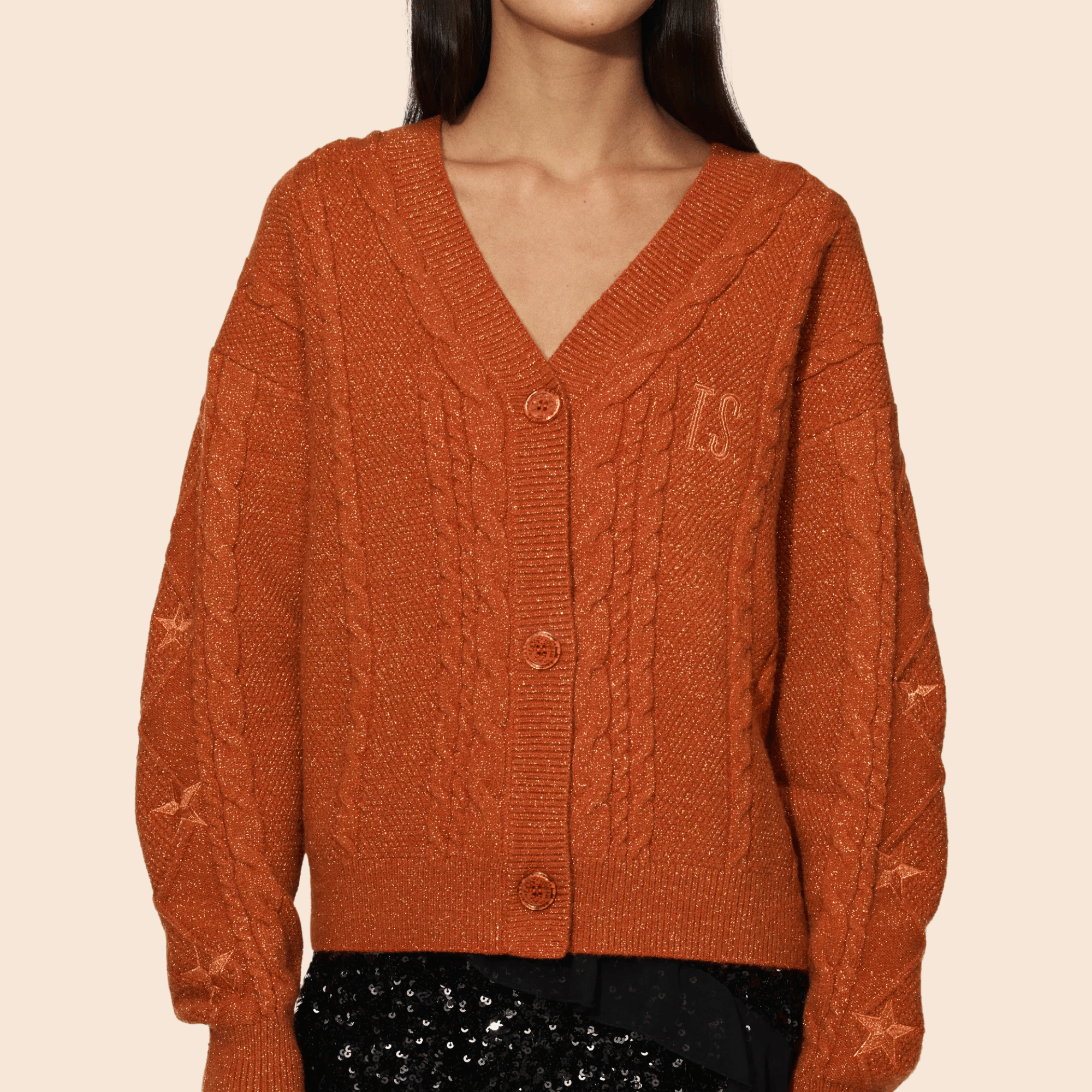 Orange Cable Knit Cardigan with Embroidery