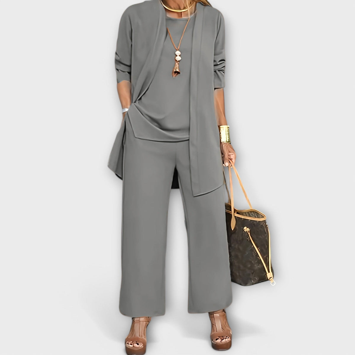 Three-piece top and wide-leg pants set in grey