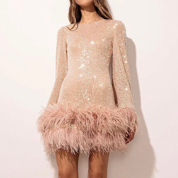 Sequin Mini Dress with Feather Hem Open Back