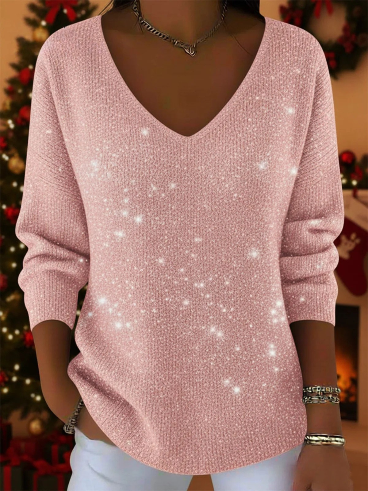 Festive casual V neck top in pink