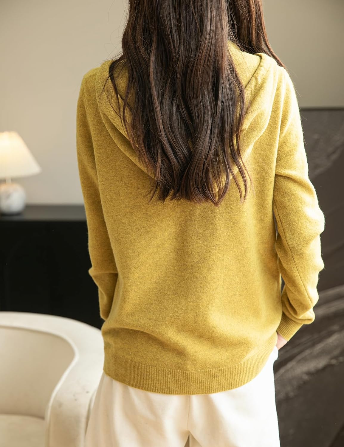 Women's warm merino wool zip up hooded cardigan with pockets