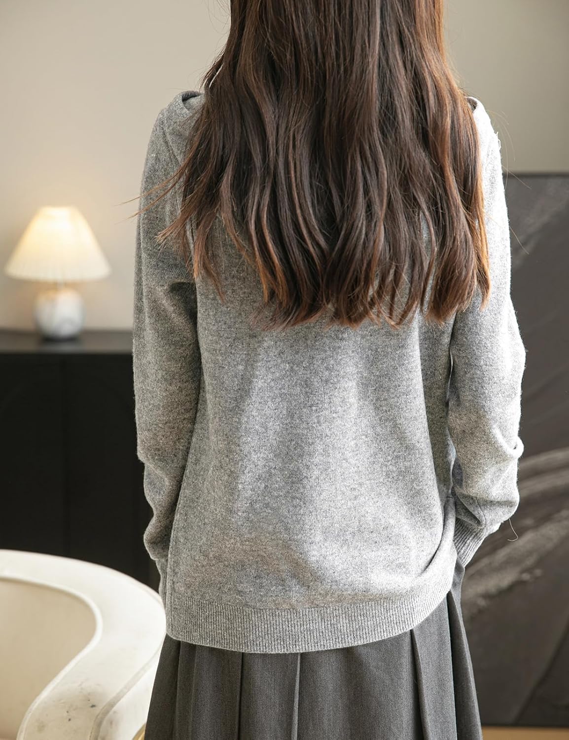 Women's warm merino wool zip up hooded cardigan with pockets