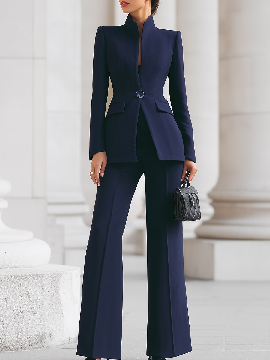Women's formal tailored blazer and pants suit set in blue