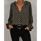 Women's V-Neck Printed Blouse Long Sleeve