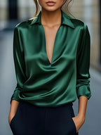 Draped neck long sleeve blouse in green