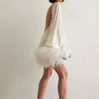 Sequin Mini Dress Feather Hem Open Back