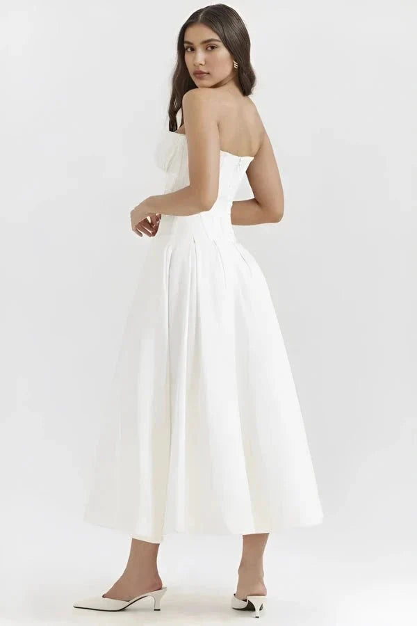 Strapless Boned Corset Midi Dress Voluminous Skirt