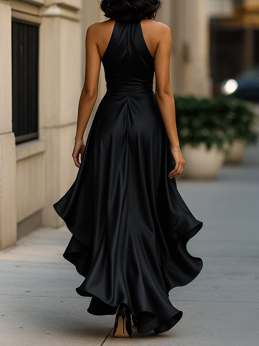 Satin Halter Gown with Ruffle Skirt