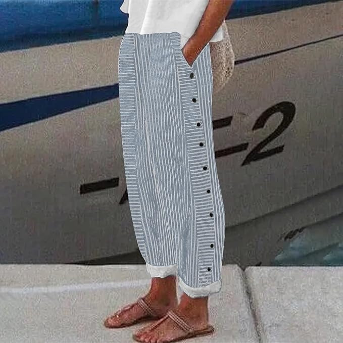 Relaxed Straight Leg Stripe Linen Pants