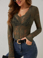 Women's Floral Lace Top V-Neck Long Sleeve