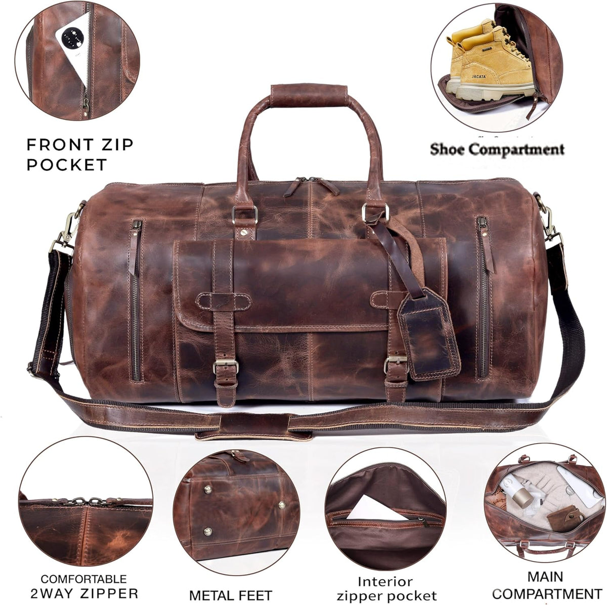 Vintage leather weekender duffle bag