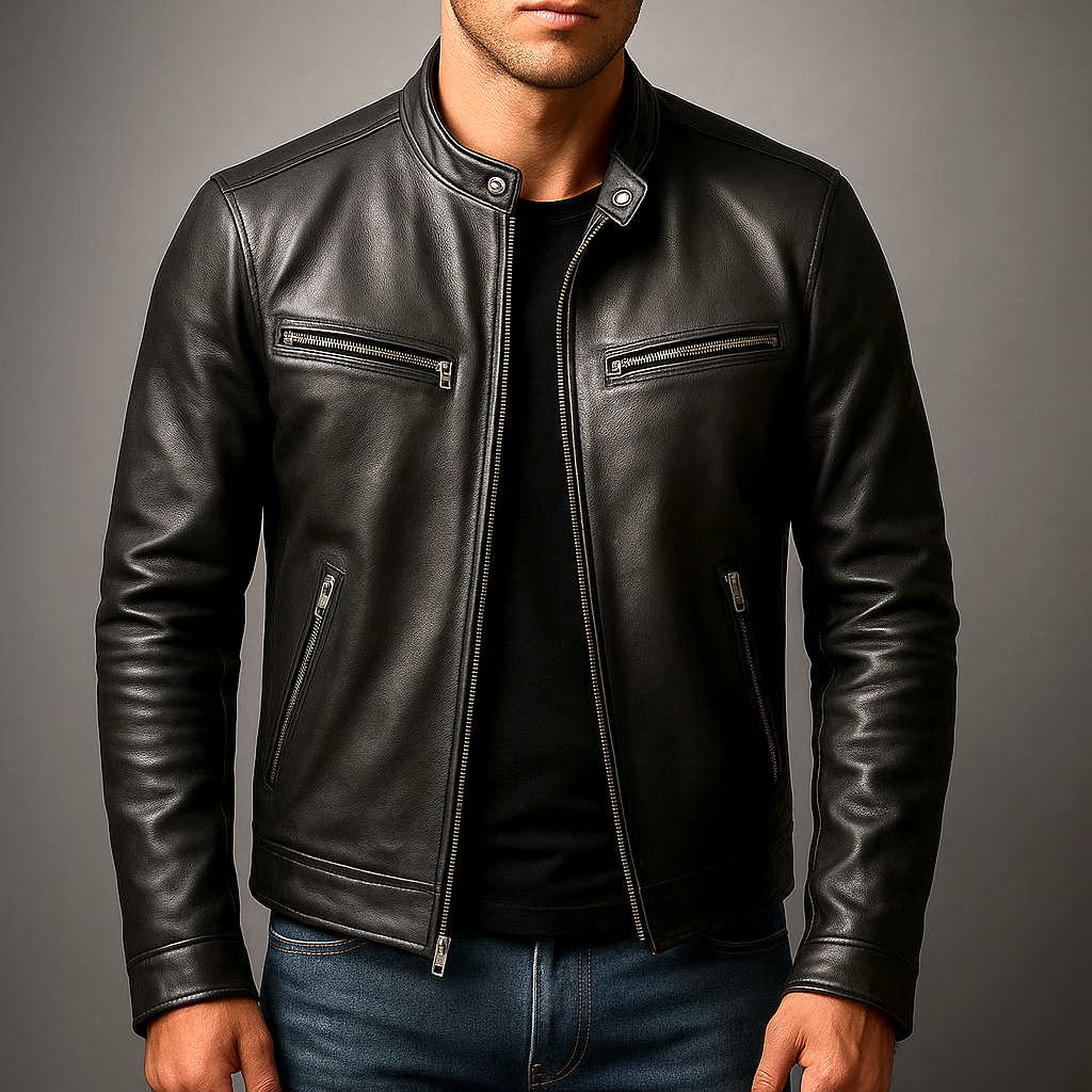 Band Collar Leather Jacket