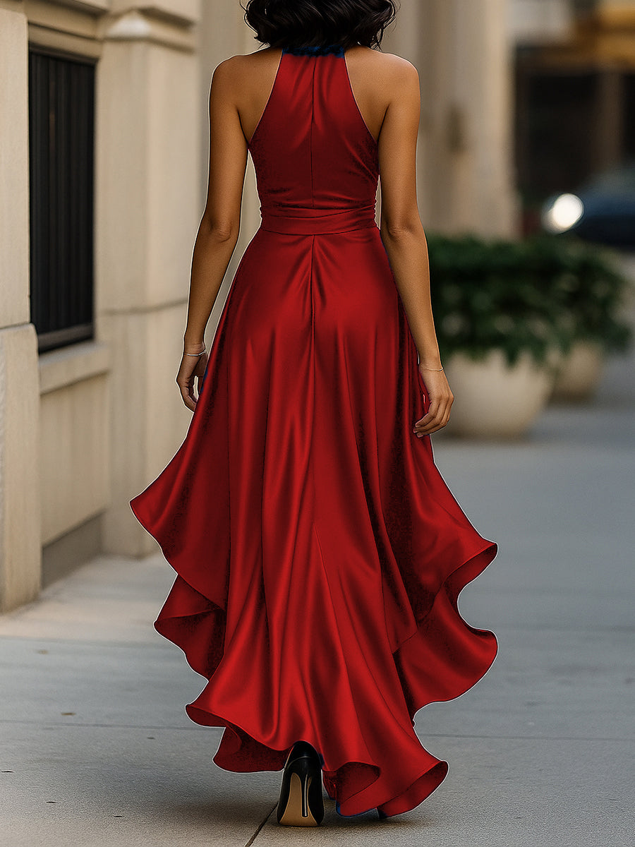 Satin Halter Gown with Ruffle Skirt