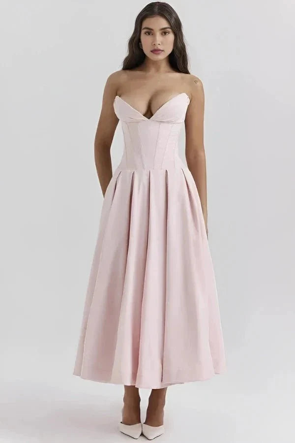 Strapless Boned Corset Midi Dress Voluminous Skirt