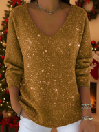 Festive casual V neck top in gold