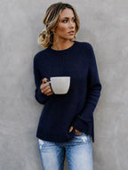Women's marled knit crew neck sweater with side slits in navy