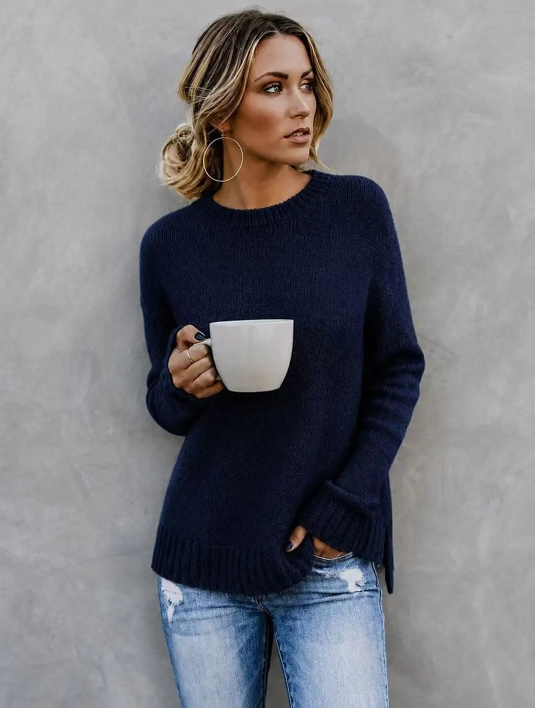 Women's marled knit crew neck sweater with side slits in navy