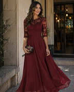 Elegant A-Line evening dress featuring lace detailing and flowing chiffon, designed with stylish 3/4 sleeves for a sophisticated look. 1