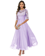 Elegant A-Line evening dress featuring lace detailing and flowing chiffon, designed with stylish 3/4 sleeves for a sophisticated look. 4