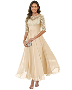 Elegant A-Line evening dress featuring lace detailing and flowing chiffon, designed with stylish 3/4 sleeves for a sophisticated look. 6
