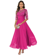 Elegant A-Line evening dress featuring lace detailing and flowing chiffon, designed with stylish 3/4 sleeves for a sophisticated look. 8