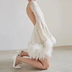 Sequin Mini Dress Feather Hem Open Back