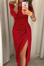 Off-Shoulder Midi Dress Long Sleeves